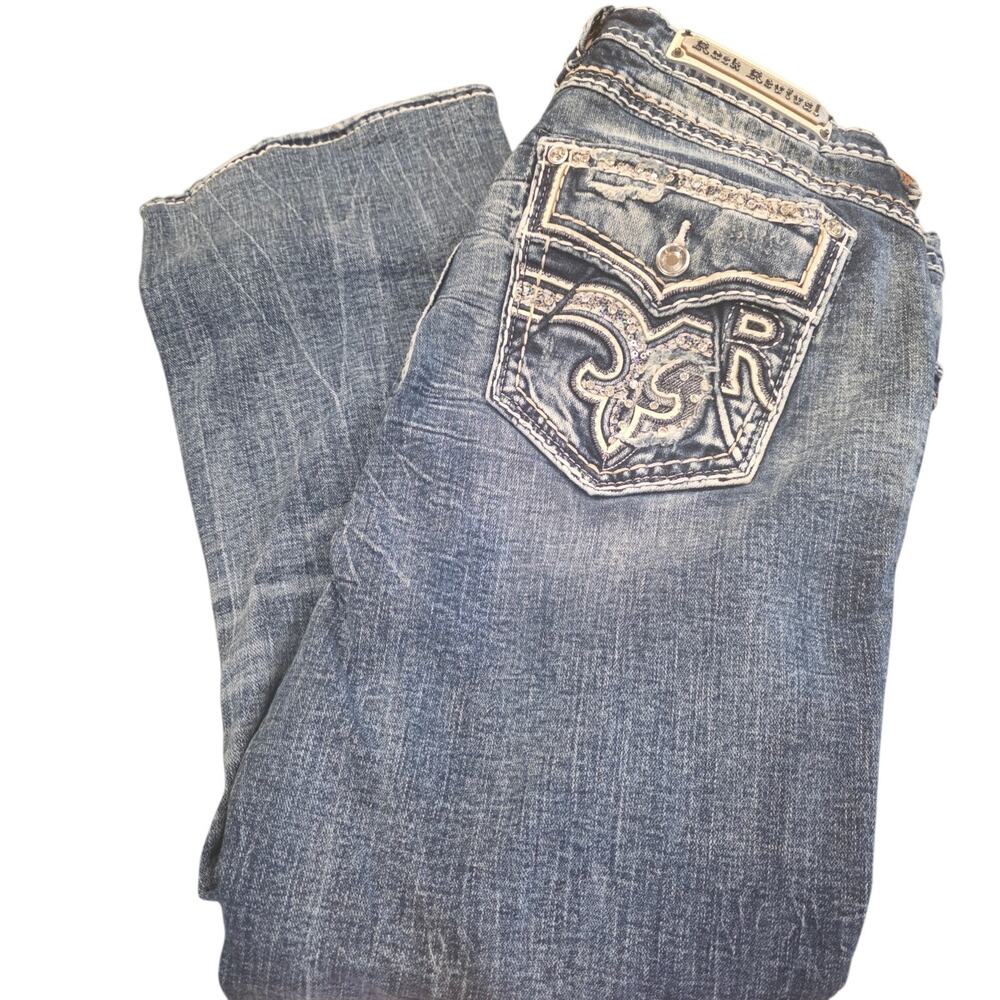 Rock Revival Alivia Sz 34x26 Womens Jeans Bootcut Rhinestone Embroidered